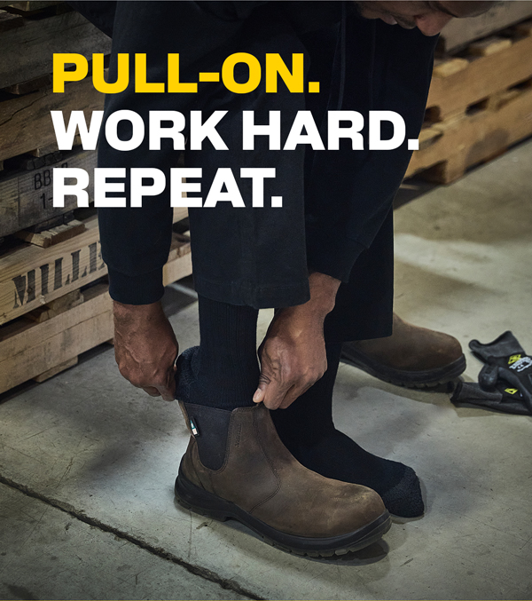 PULL-ON. WORK HARD. REPEAT. (lifestyle image of man putting on Terra boots)