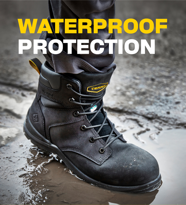 WATER PROOF PROTECTION (lifestyle image of Terra boot stepping in a puddle of water)
