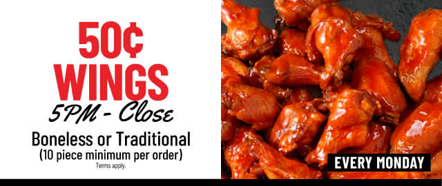 50 Cent Wings, 5pm to Close on Mondays