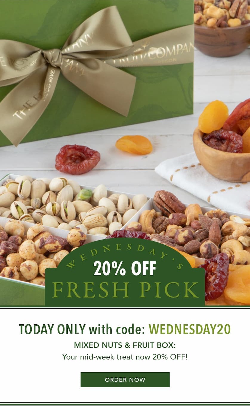 20% OFF our Mixed Nuts & Fruit Box - Today Only with code: WEDNESDAY20