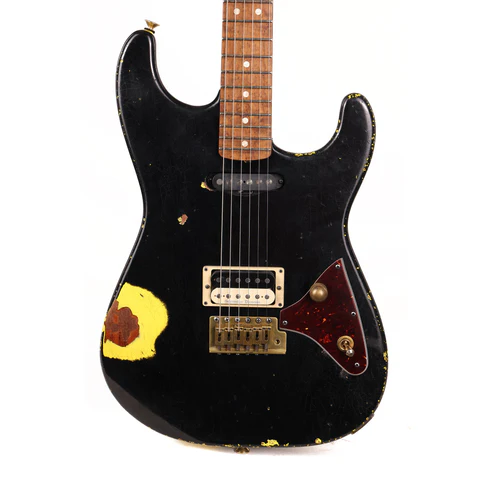 Charvel Custom Shop San Dimas Nitro Aged Roasted Mahogany Black over Graffiti Yellow