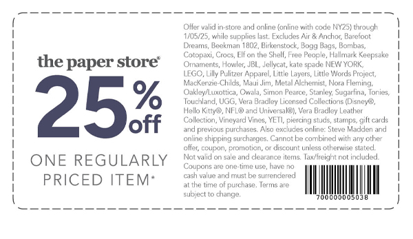 The Paper Store 25% off one regularly priced item* store coupon