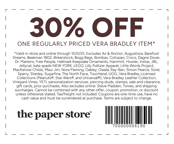 30% off one regularly priced Vera Bradley item* store coupon