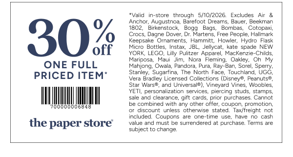 30% off one full priced item* | The Paper Store coupon