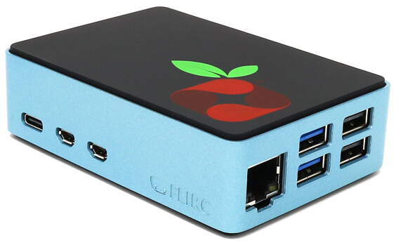 FLIRC Pi-hole edition case for Raspberry Pi 5 at an angle with Raspberry Pi fitted