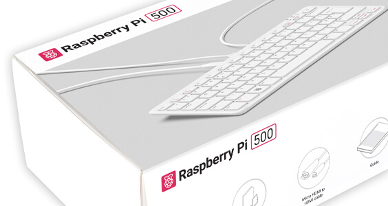 Raspberry Pi 500 desktop kit box angled