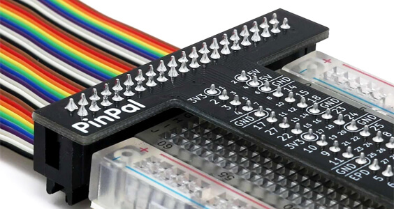 PinPal breakout PCB fitted to breadboard close up
