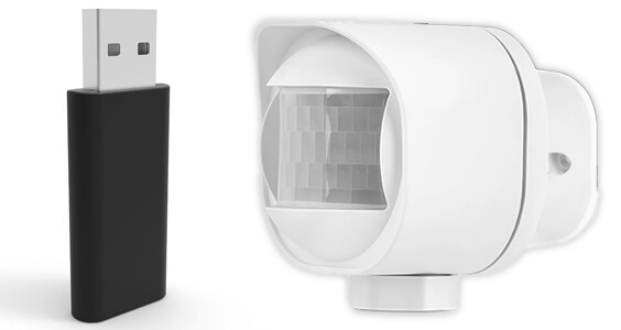 Zooz USB Z-Wave dongle next to Zooz outdoor motion sensor