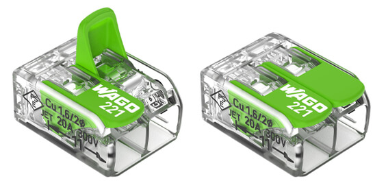 Two wago green connectors, one with a lever open