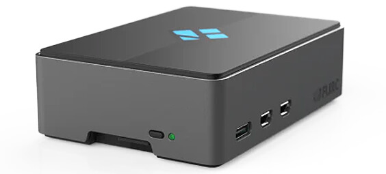 Angled view of the FLIRC Kodi Pi 5 case showing power button and IO ports