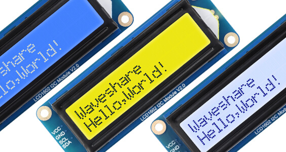 Image showing an angled zoomed view of all three colour options of the Waveshare 16x2 LCD modules