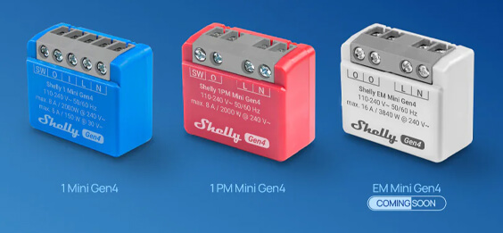 Image showing all three Shelly Gen4 Mini options in the range, angled from the front