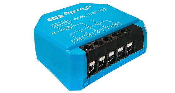 Angled image of the \Cyan blue Shelly 1L Gen3 showing the wiring ports