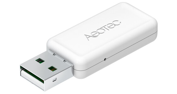 Angled view of the white Z-Stick 10 pro showing the USB-A port and Aeotec label on the top