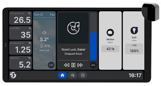 Front-on view of the Shelly Wall Display X2 showing a home automation example on the display