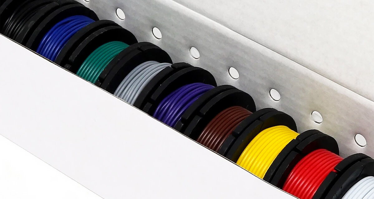 close up of the coloured proto wire spools inside the box