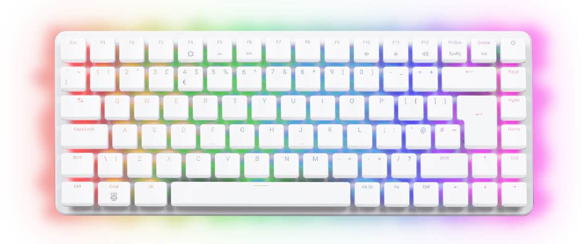 Raspberry Pi 500+ top-down view with multicolour RGB LEDs