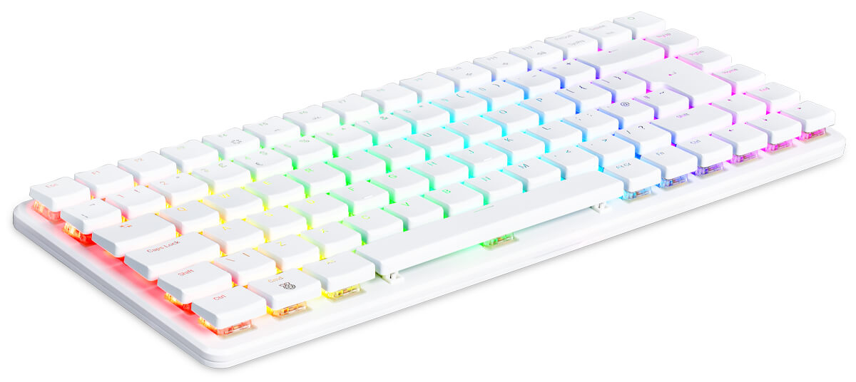 Angled hero view of Raspberry Pi 500+ with multicolour RGB LEDs