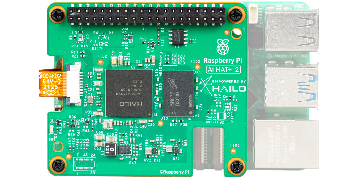 Front-on view of the AI HAT+ 2 fitted to Raspberry Pi 5
