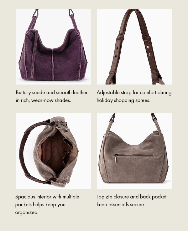 Buttery suede and smooth leather. Adjustable strap and tons of pockets.