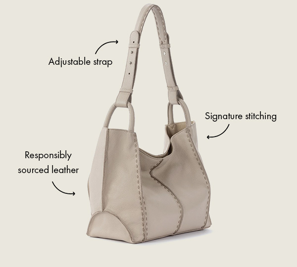 Adjustable strap. signature stitching. responsibly sourced leather