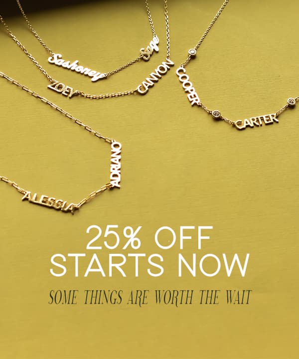custom necklaces on a green backdrop with 25% off sale copy