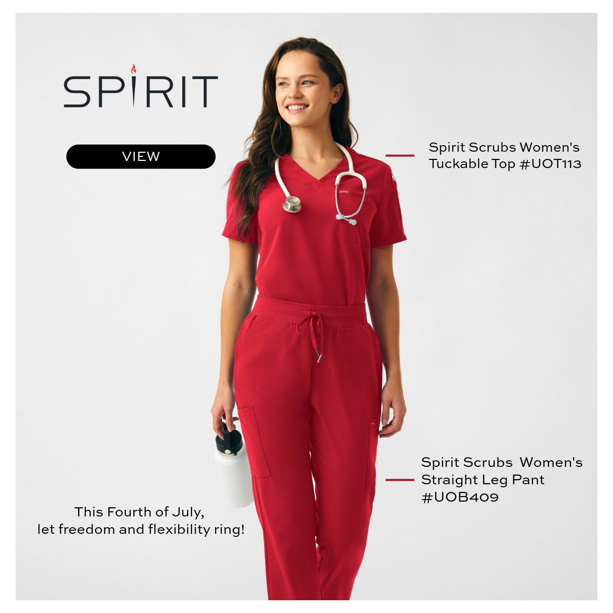Woman wearing red Spirit Scrubs. This fourth of July, let freedom and flexibility ring! 