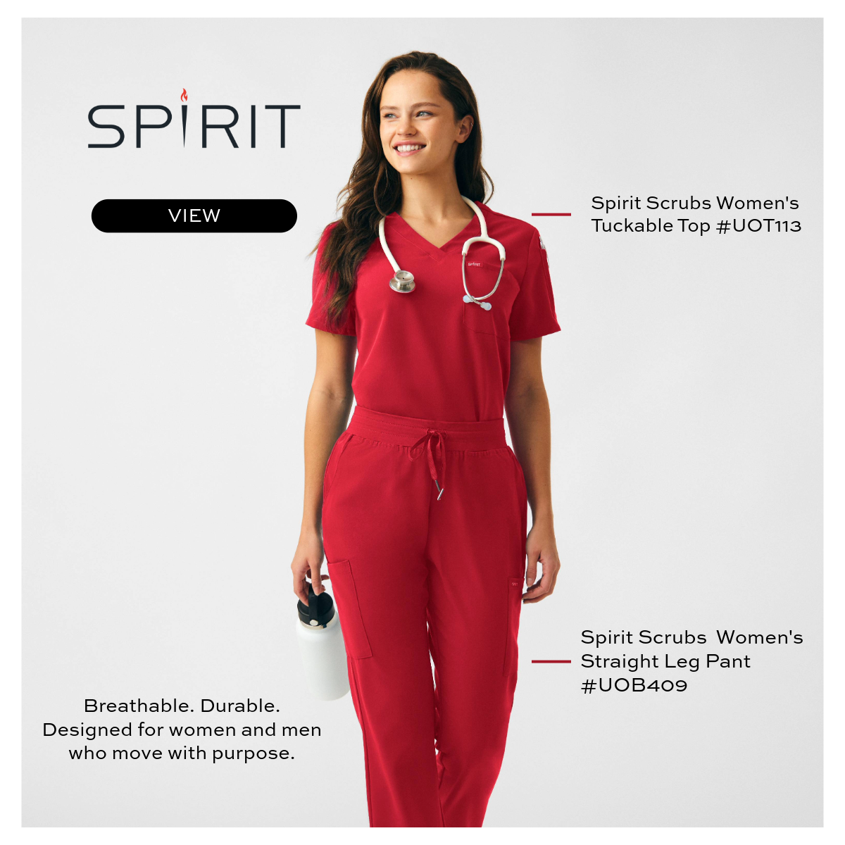 Woman wearing red Spirit Scrubs. This fourth of July, let freedom and flexibility ring! 