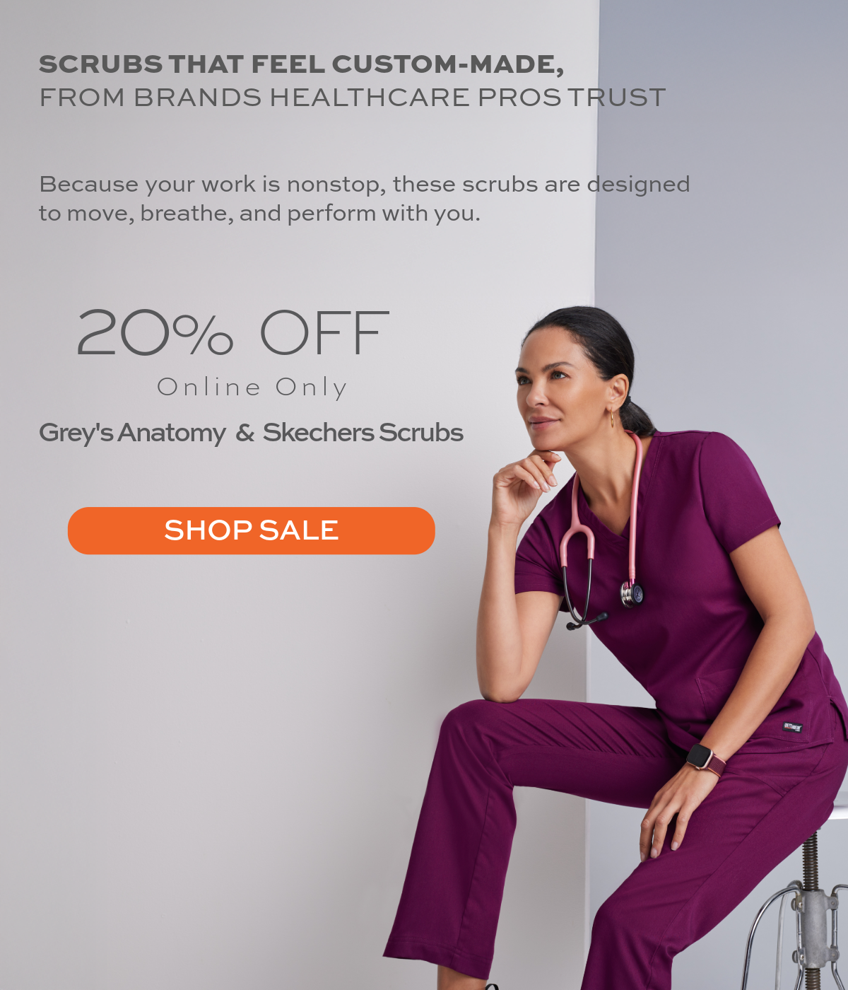 Woman wearing Skechers scrubs, two of our best sellers are now 20% off. Available online only. Shop TheUniformOutlet.com to save 20%. 