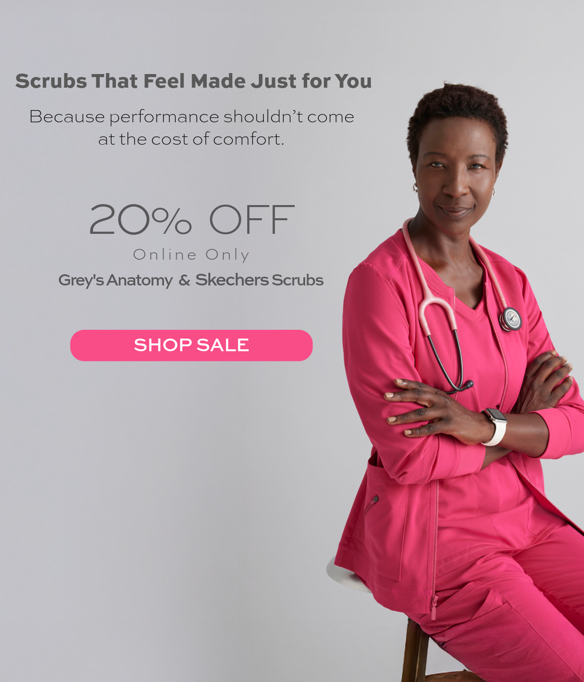 Woman wearing Skechers scrubs, two of our best sellers are now 20% off. Available online only. Shop TheUniformOutlet.com to save 20%. 