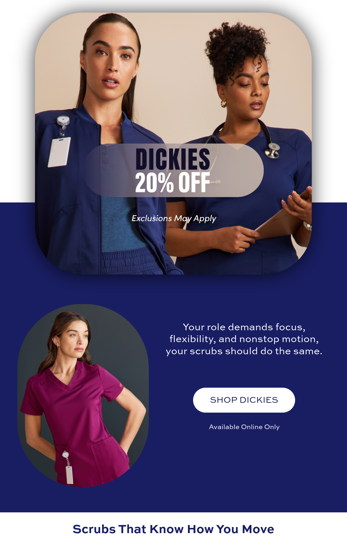Dickies Scrubs 20% OFF, Image of two women wearing Dickies' scrubs. Shop Dickies.