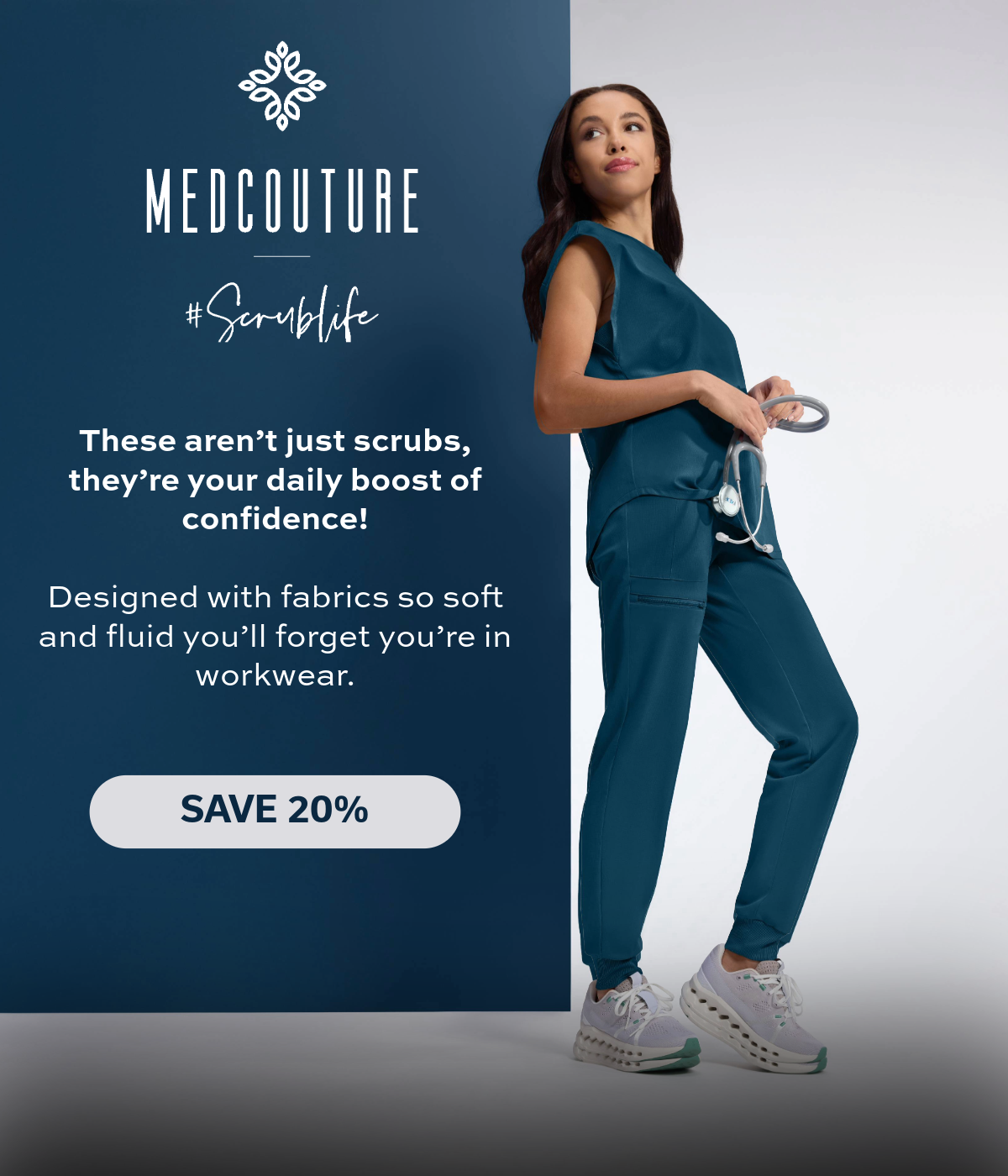 Woman wearing blue scrubs from Med Couture, on sale at 20% off