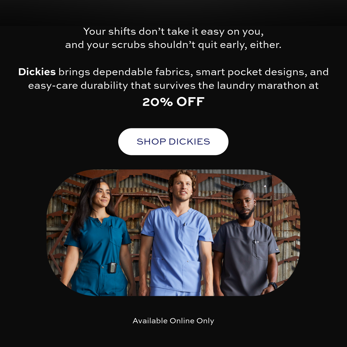 Three people in blue Dickies scrubs standing in front of a brick wall
