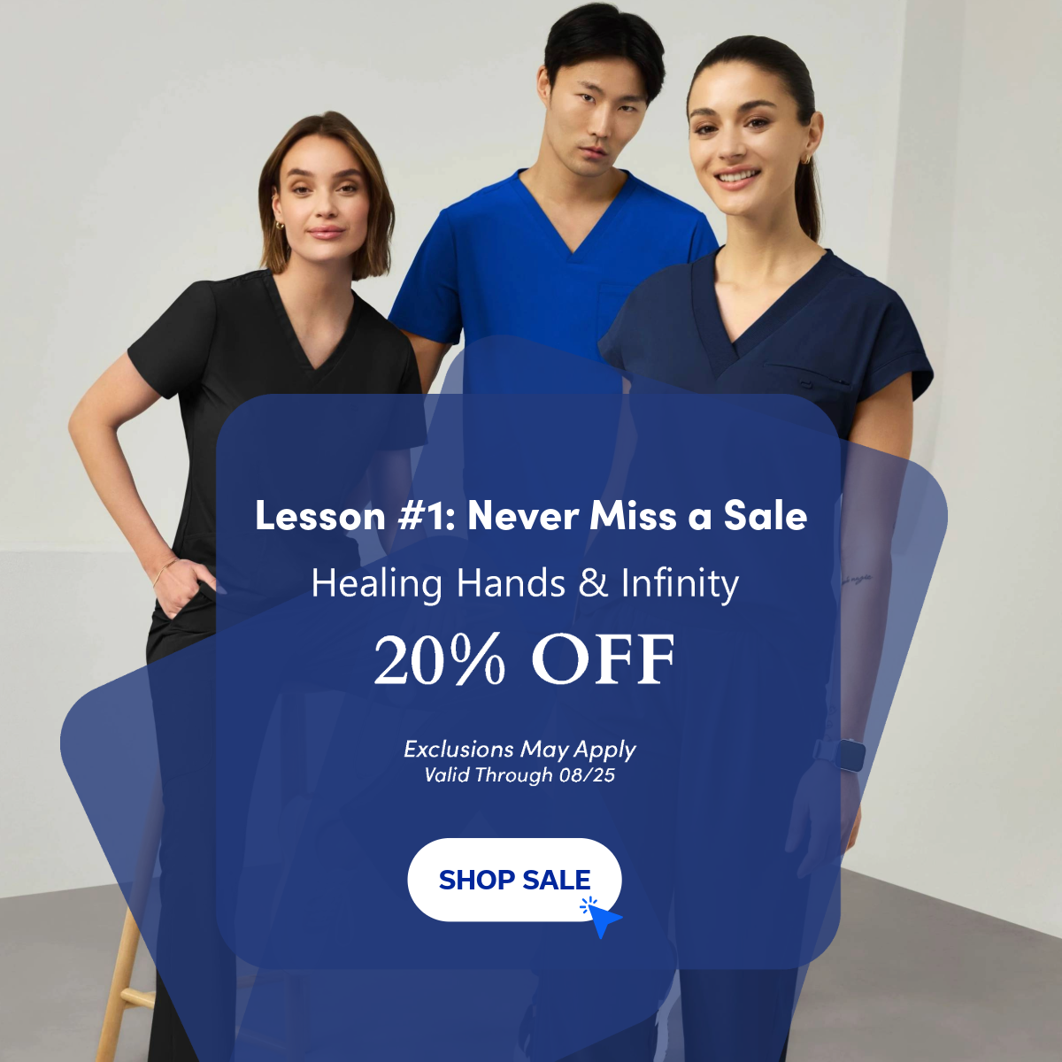 Three people wearing Infinity scrubs. Infinity and Healing Hands are 20% OFF!