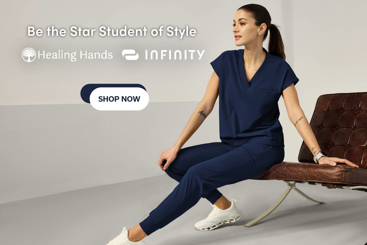 A woman wearing Infinity scrubs. Shop Healing Hands and Infinity online! 