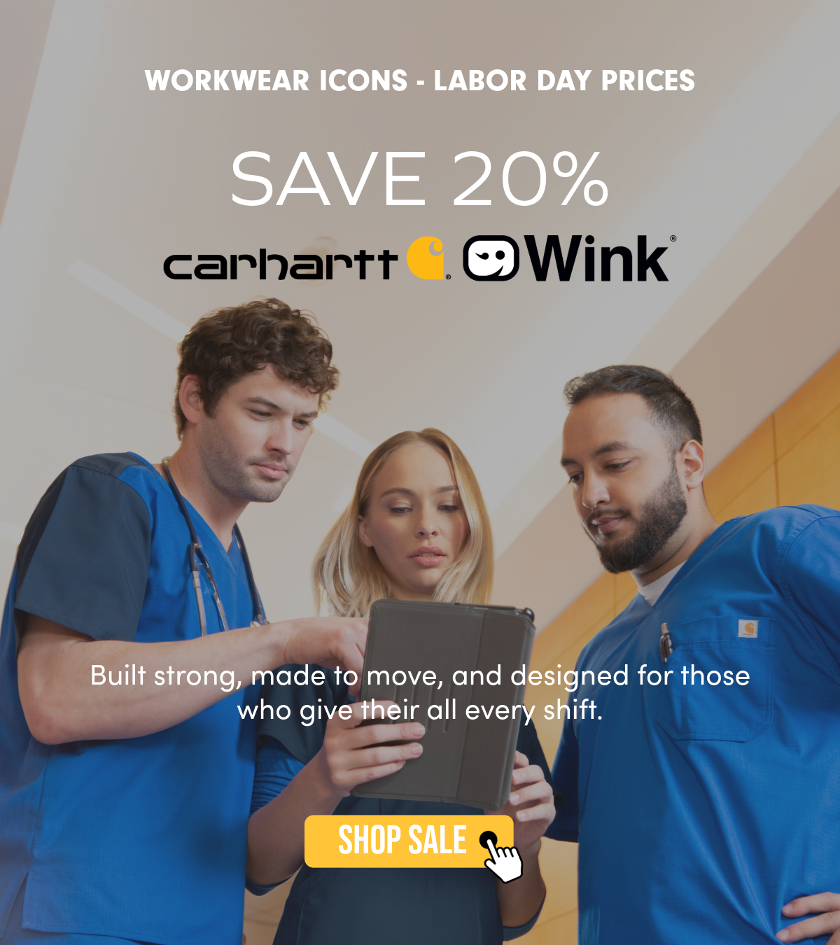 Three people wearing Carhartt and Wink scrubs. Celebrate labor day weekend with your favorite brands! 