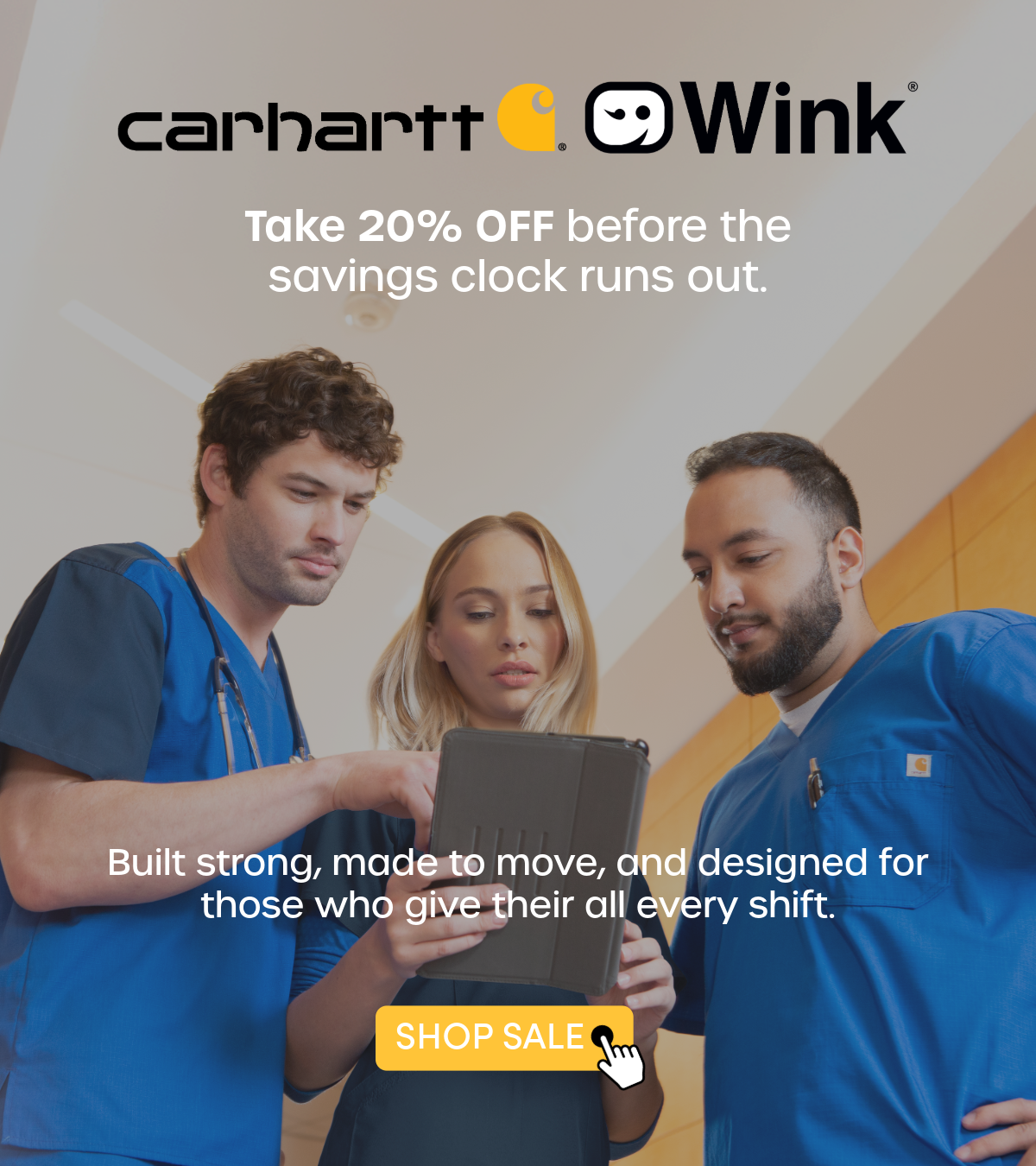 Three people wearing Carhartt and Wink scrubs. Celebrate labor day weekend with your favorite brands! 