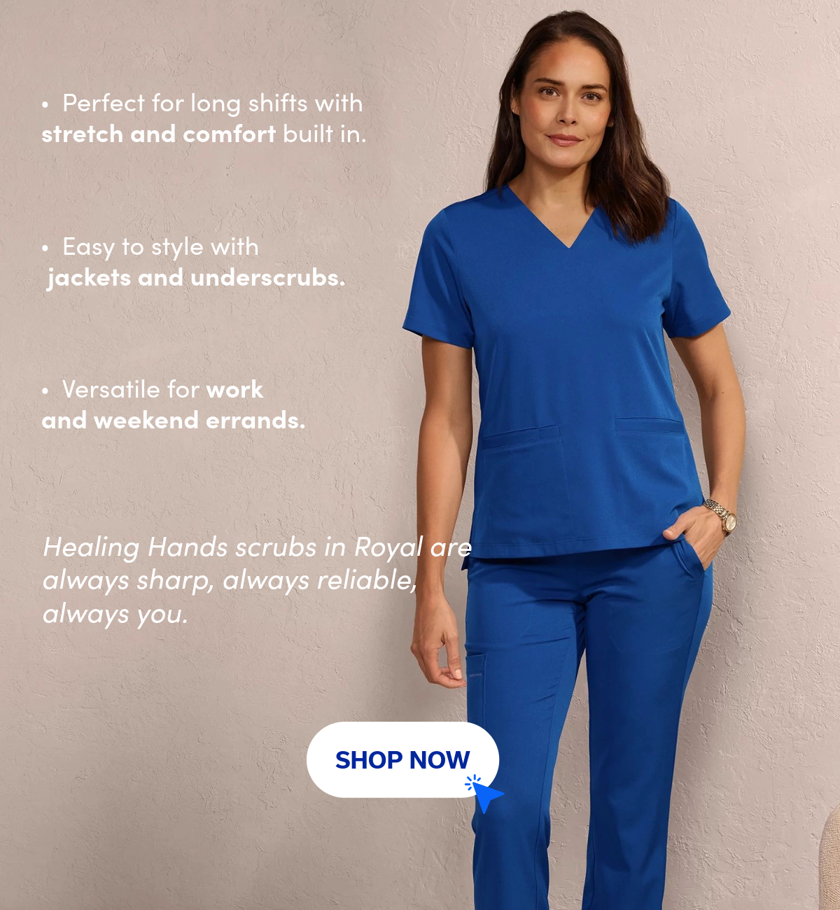 Woman wearing Healing Hands scrubs, in color royal.