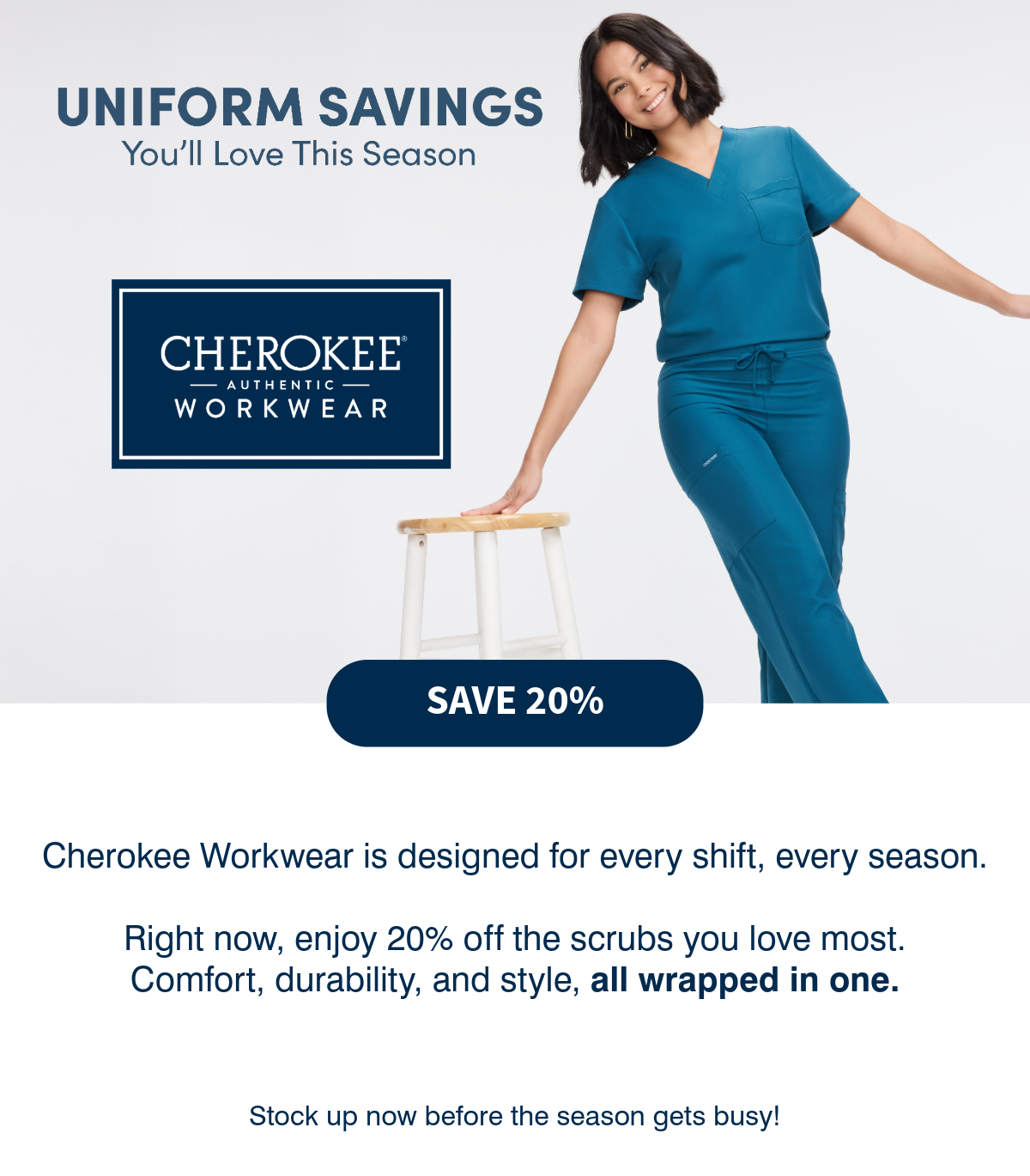 Girl wearing Cherokee Caribbean Blue scrubs, uniform savings you'll love this season. Save 20% 