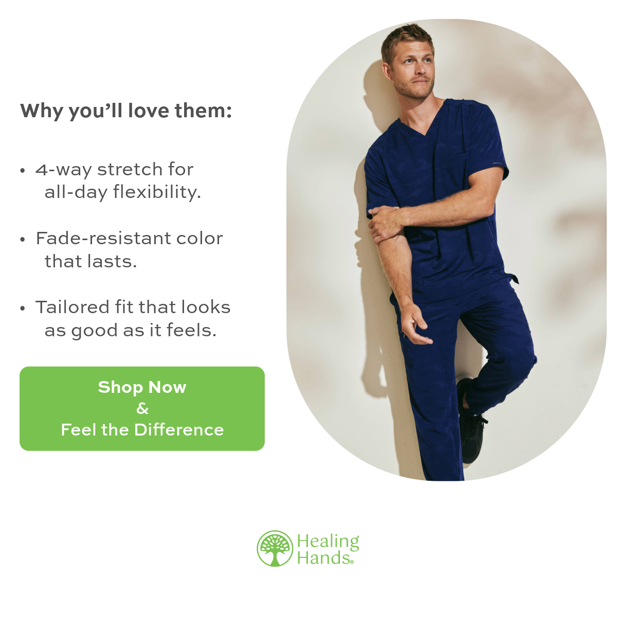 Men wearing scrubs, Healing Hands in color navy. 