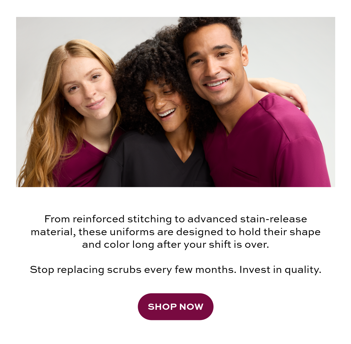 Three people wearing scrubs, they are wearing Cherokee Workwear in color wine and pewter. 