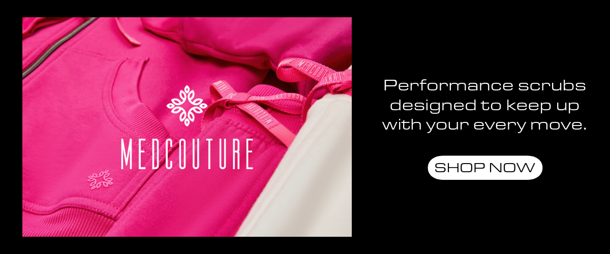 Med Couture pink scrubs, performance scrubs designed to keep up.