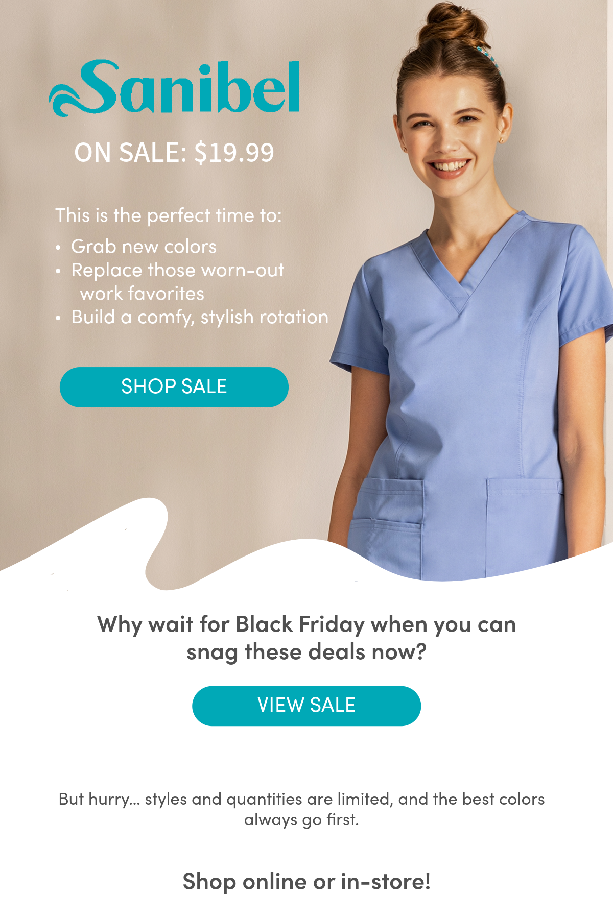 Girl wearing Sanibel scrubs. Shop scrubs at $19.99.