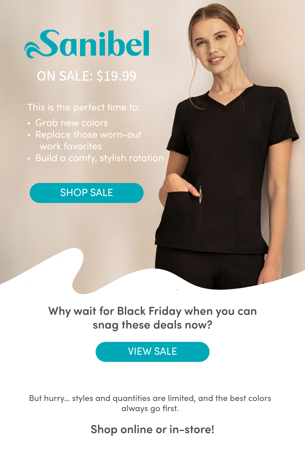 Girl wearing Sanibel scrubs. Shop scrubs at $19.99.