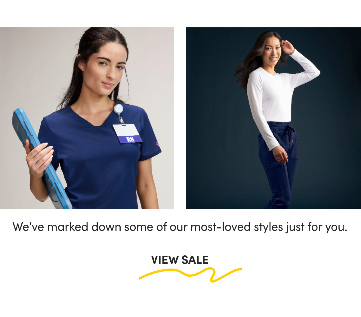 Two women. One wearing Med Couture scrubs and the other wearing Cherokee scrubs.