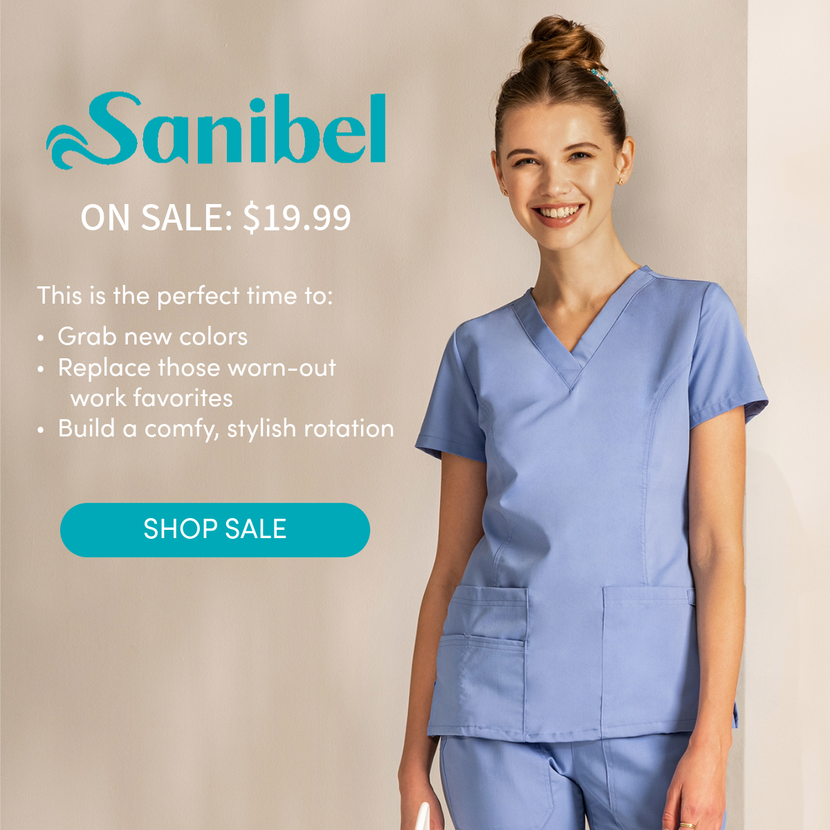 Woman wearing Sanibel scrubs. Sanibel on sale: $19.99