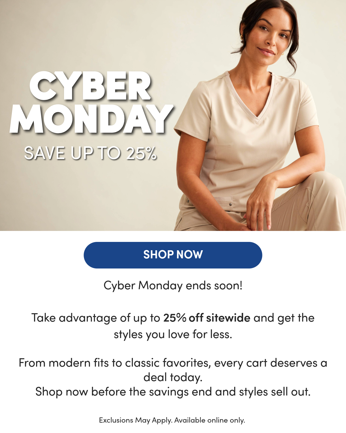 Girl wearing Healing Hands scrubs. Cyber Monday, save up to 25%! 