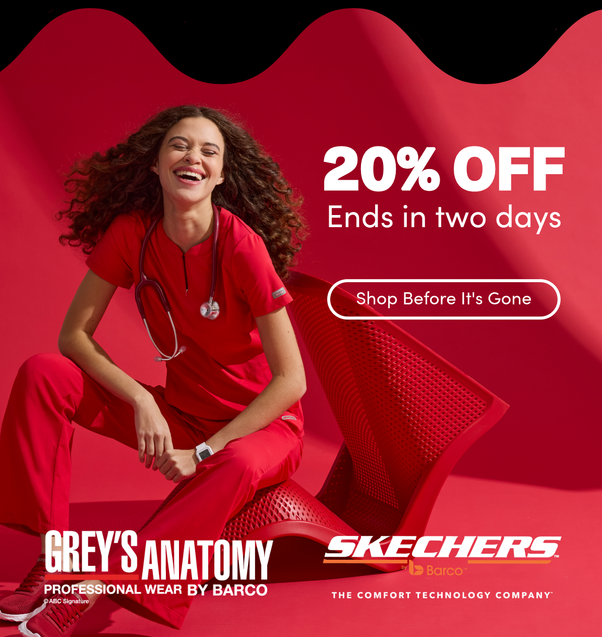 a woman in red scrubs sitting on a red chair. 20% OFF Grey's Anatomy and Skechers end soon. 