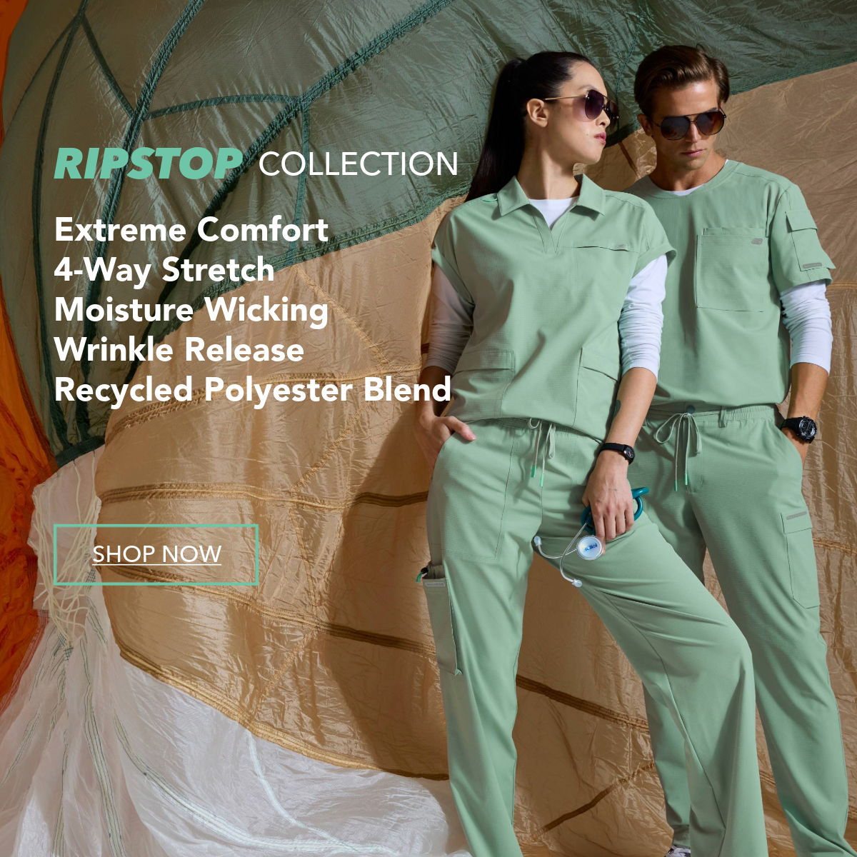 Man and Woman wearing green scrubs. Brand Skechers Ripstop. 