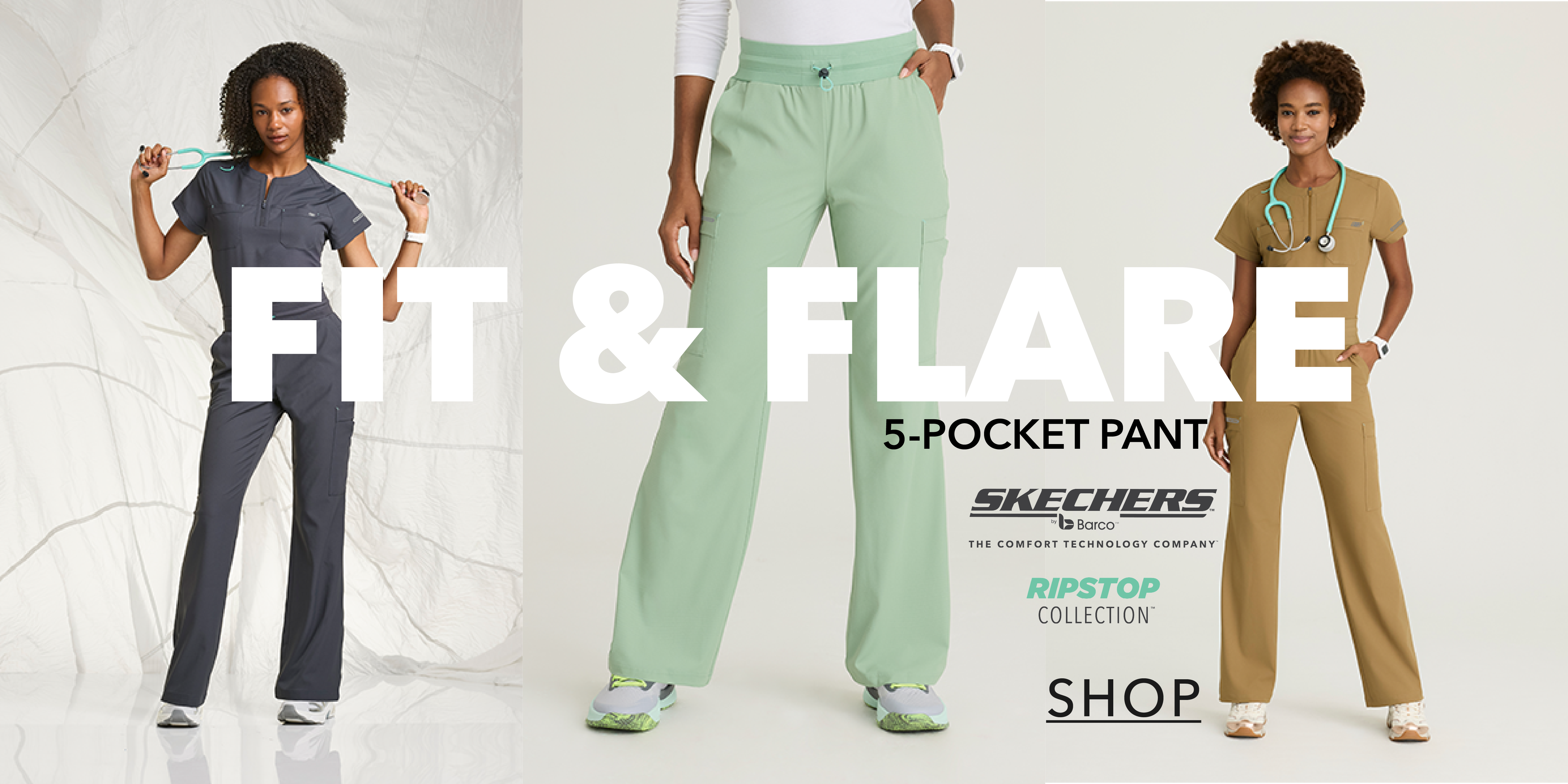 Woman wearing different scrubs. Fit and Flare pant. New drop! 